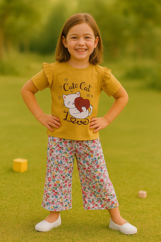 Brown Cute Cat Trouser Shirt for Girls